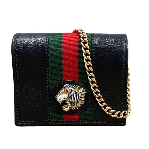 Gucci Accessories - ❌sold❌Gucci Feline Head Crystal Web Leather Mini Chain Wallet